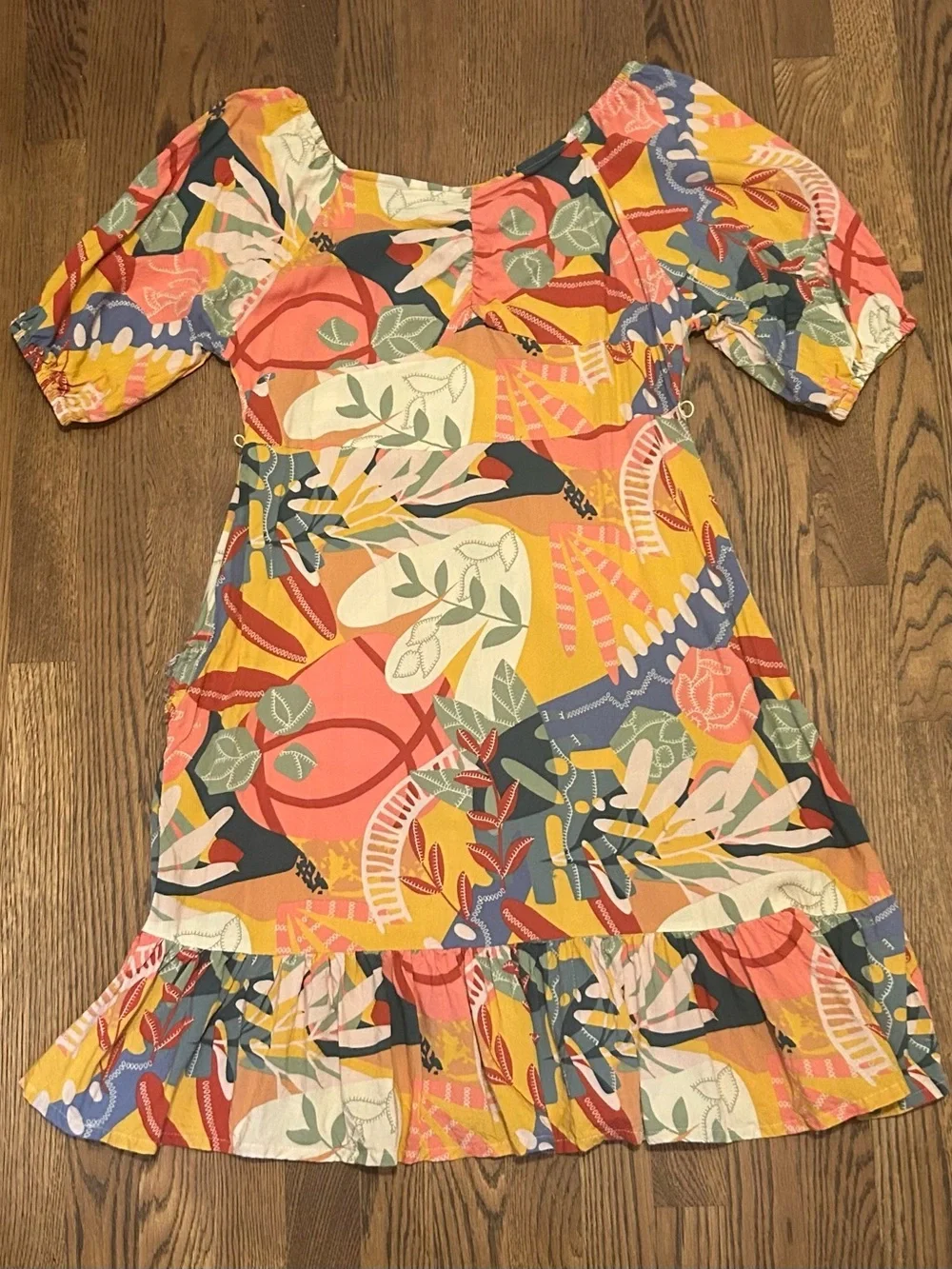 Tropical Floral Midi Dress in Coral, Yellow, Blue  balloon sleeve festive  235